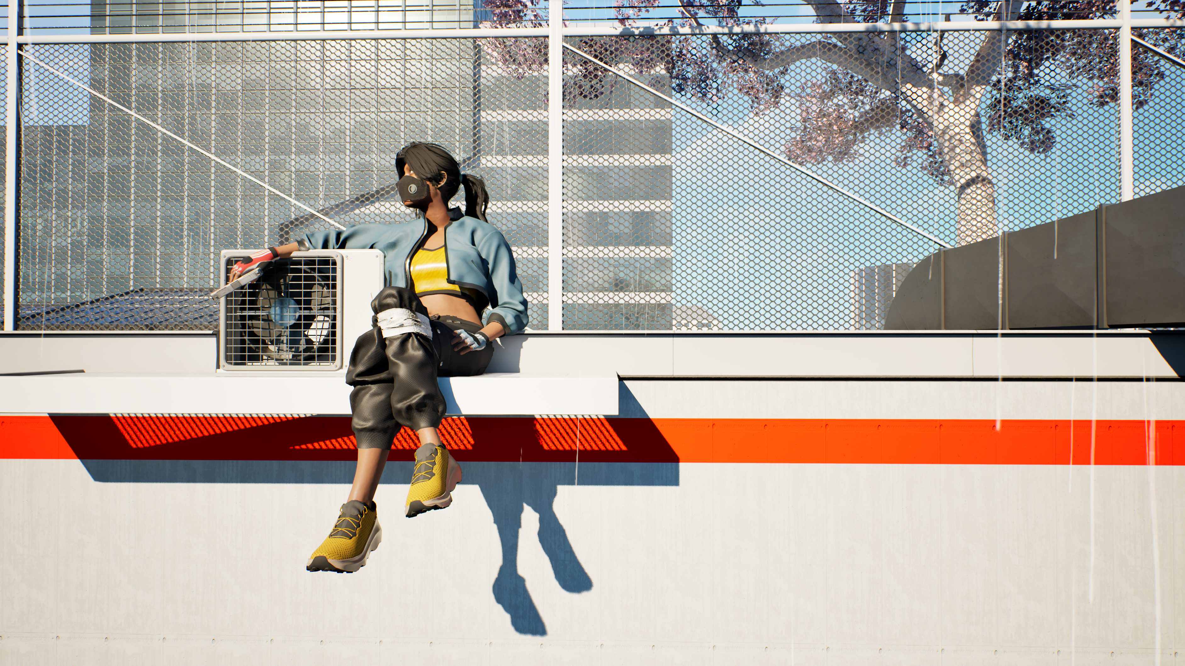 Liquid Lungs — protagonist on a rooftop ledge above a red painted stripe.